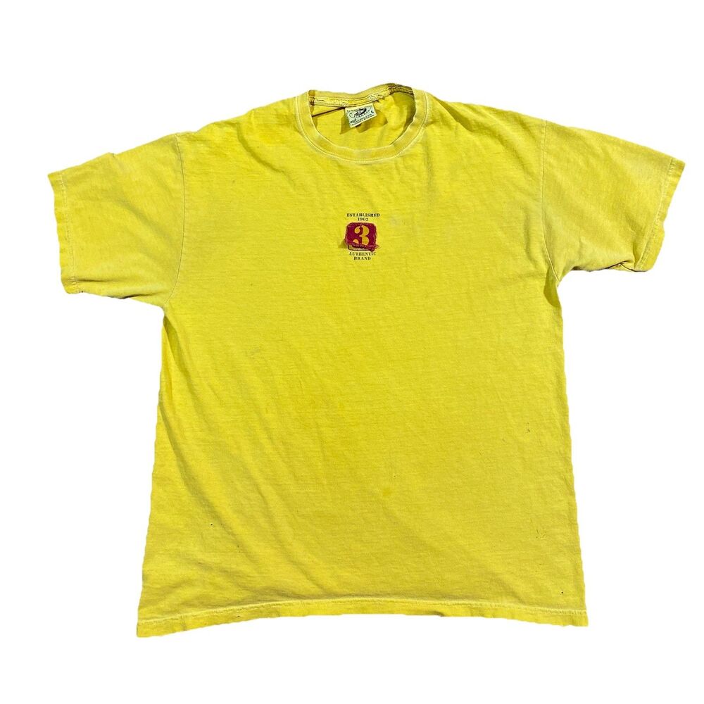 VTG Y2K Authentic Brand 3 Yellow Patch T-Shirt Anvil USA L Distressed